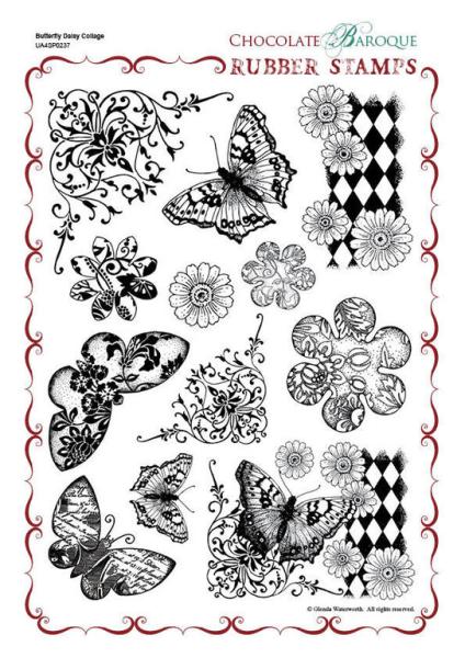 Chocolate Baroque Butterfly Daisy Collage Rubber Stamp