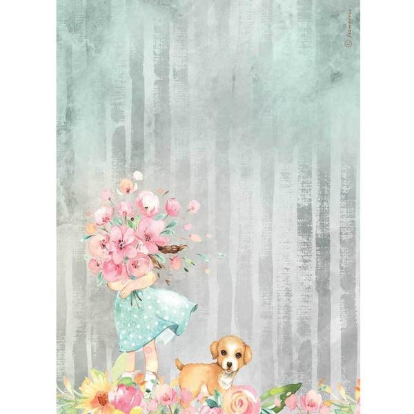 Stamperia A4 Rice Paper Bouquet and Dog DFSA4528