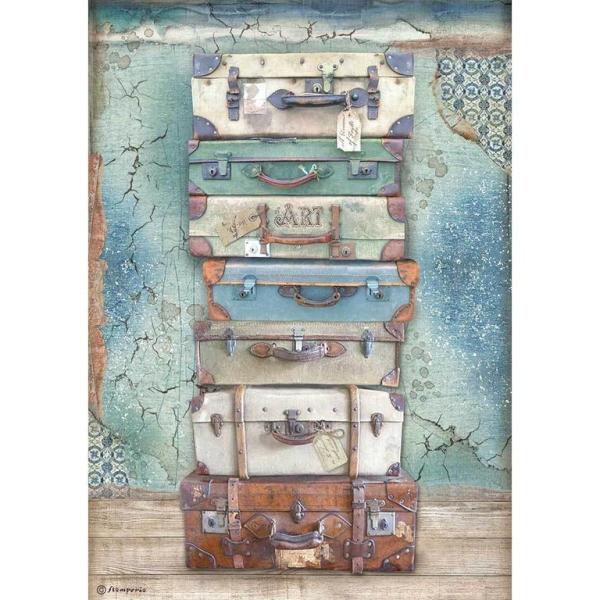 Stamperia A4 Rice Paper Atelier Luggage DFSA4547