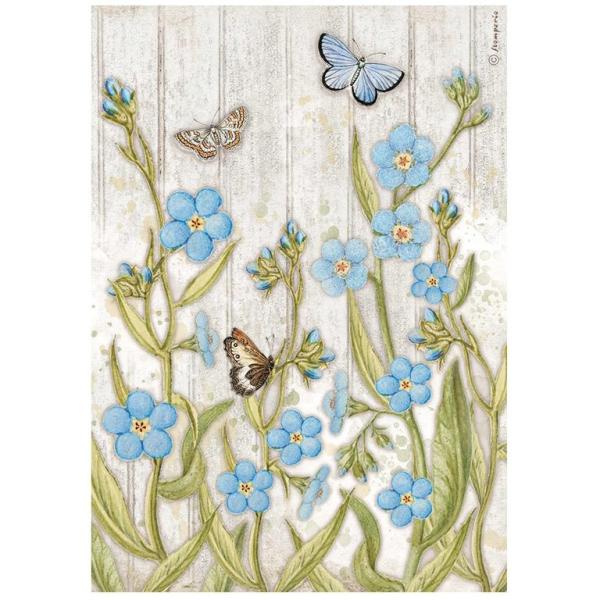 Stamperia A4 Rice Paper Blue Flowers and Butterfly DFSA4667