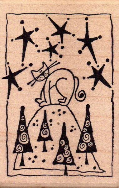 Magenta Wood Stamp Cat on Hill