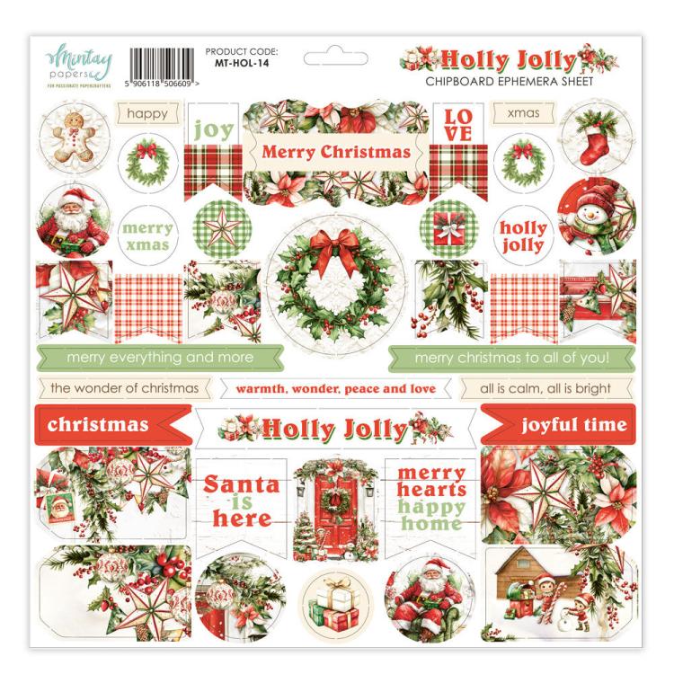 Mintay Papers Holly Jolly 12x12 Chipboard Ephemera Sheet
