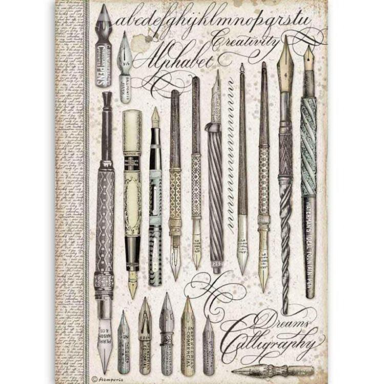 Stamperia A4 Rice Paper Calligraphy Vintage Pens #4526