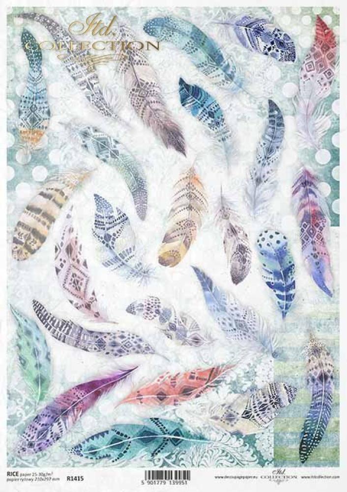 ITD Collection A4 Rice Paper Colorful Feathers R1415