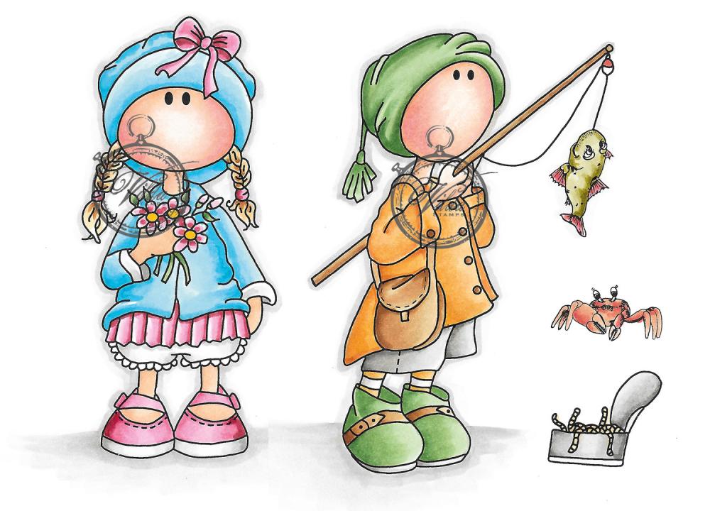 Vilda Stamp Girl with Flowers and Fishing Guy